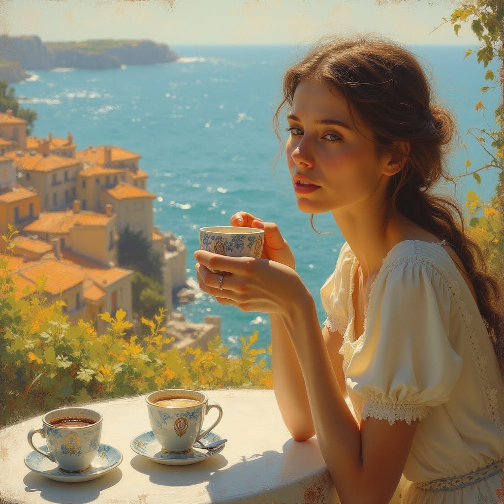 Woman Sharing Coffee in Impressionist Style