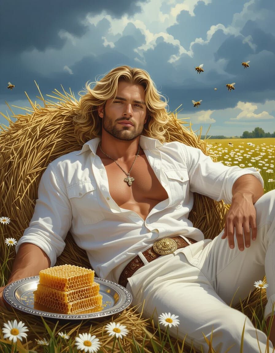 Muscular Beekeeper in Daisy Field, Stormy Sky
