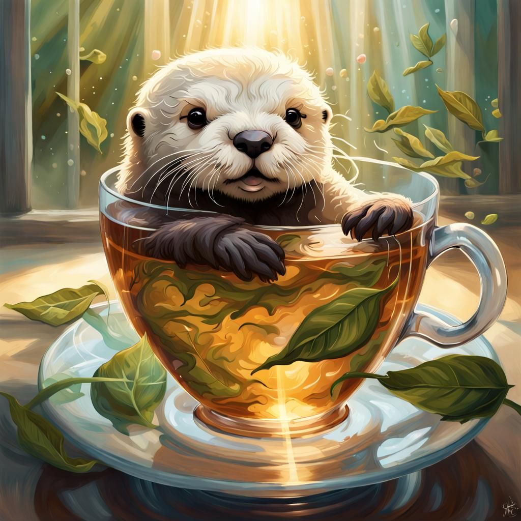Cute Otter in Tea Glass: Digital Illustration