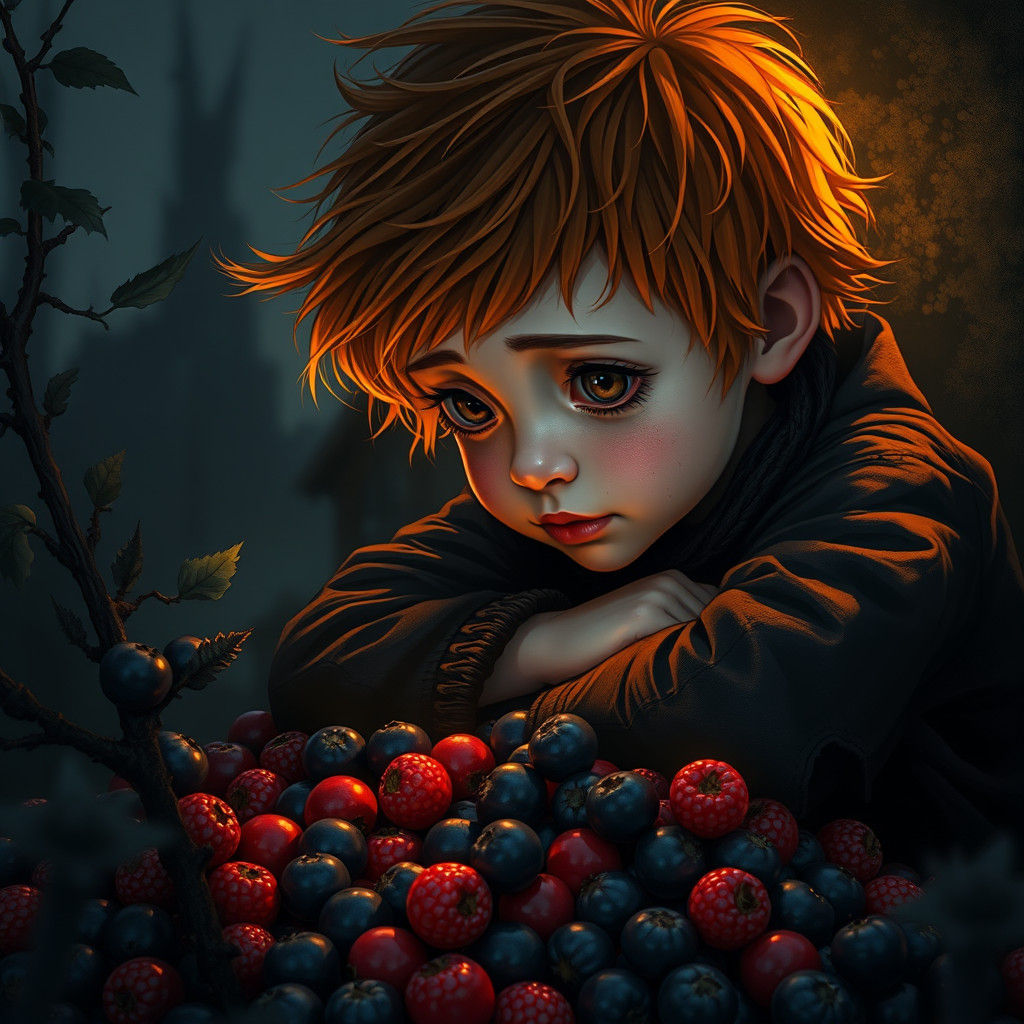 Orphan and Glowing Berries in Hyperrealistic Style