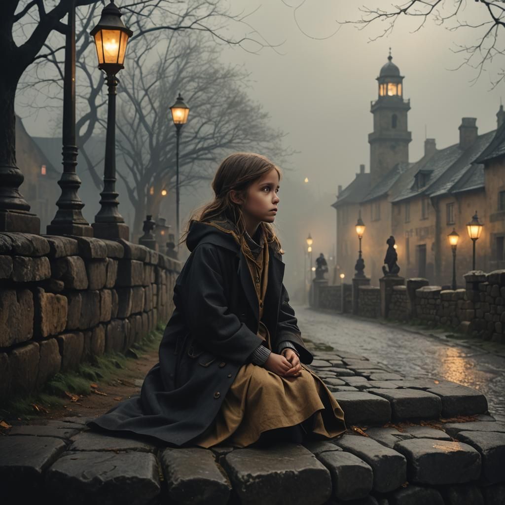 Girl on Wall in Rainy Vintage Town