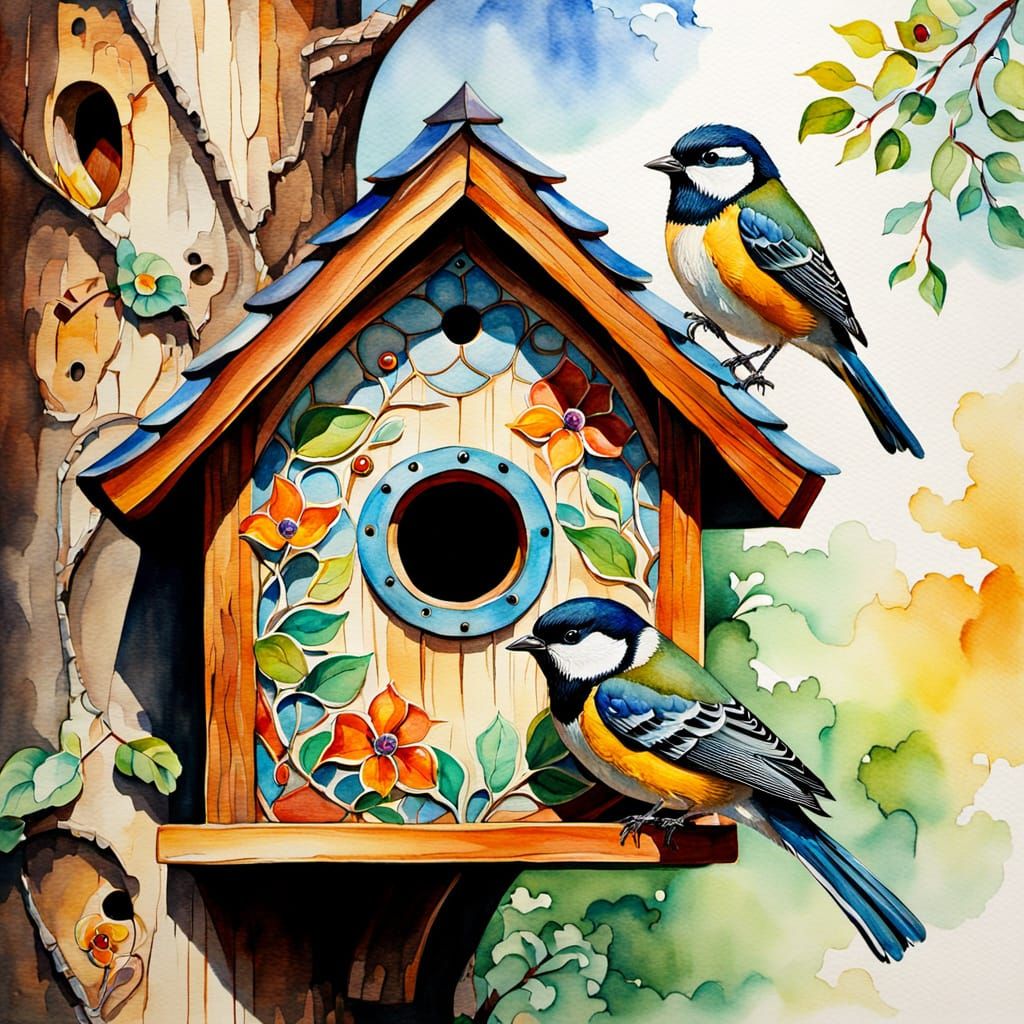 Ornate Birdhouse Watercolor in Gaudi and Waterhouse Style