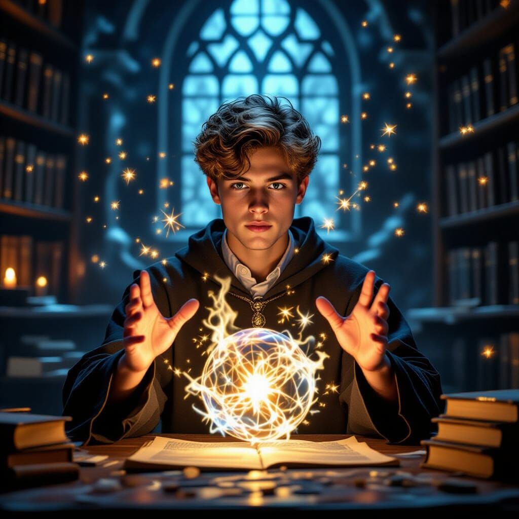 Young Wizard Apprentice Casting Spell in Magical School