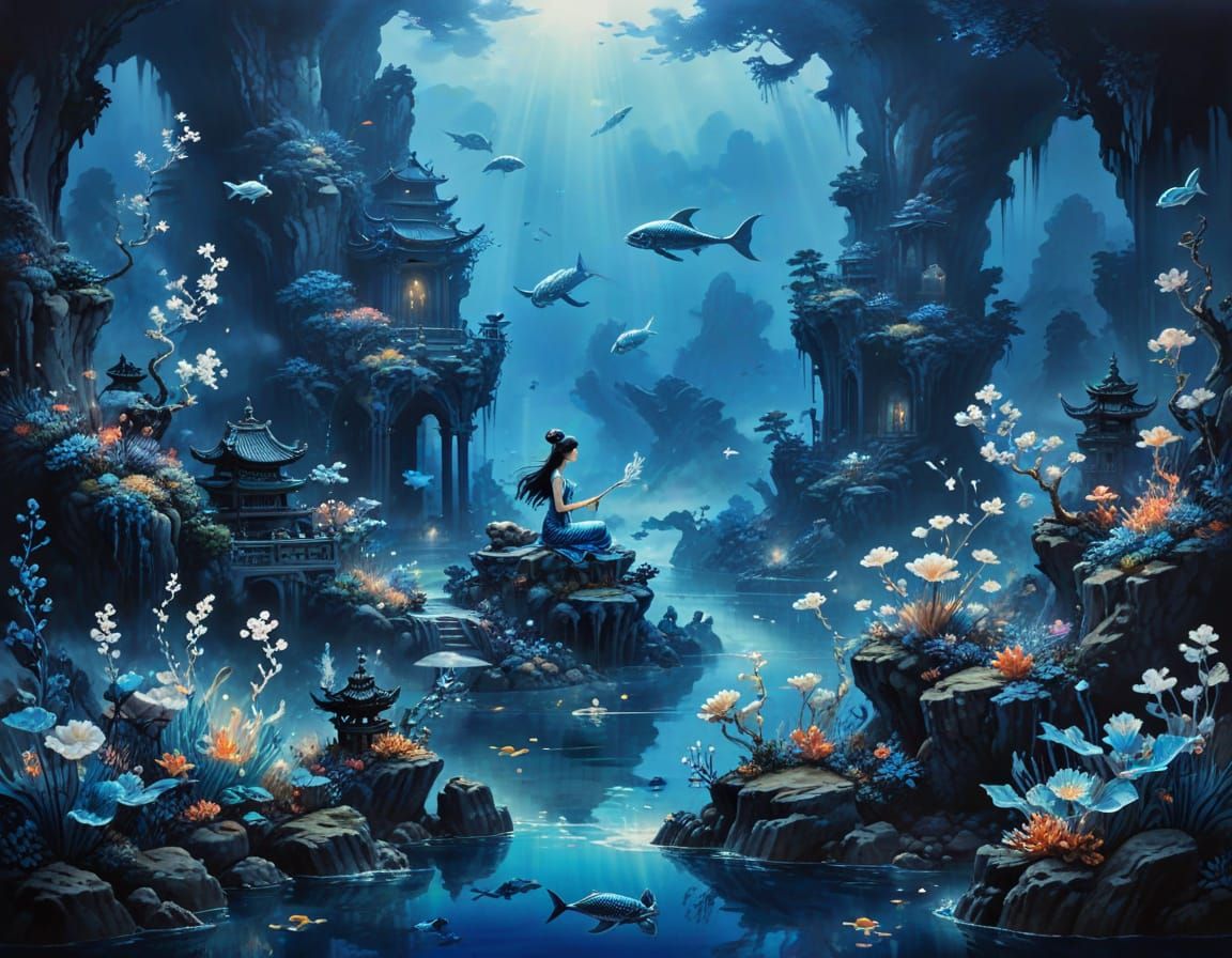 Bioluminescent Underwater City in Chinese Ink Style
