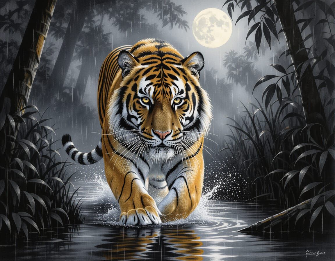 Bengal Tiger in Jungle, Hyperdetailed Charcoal Drawing