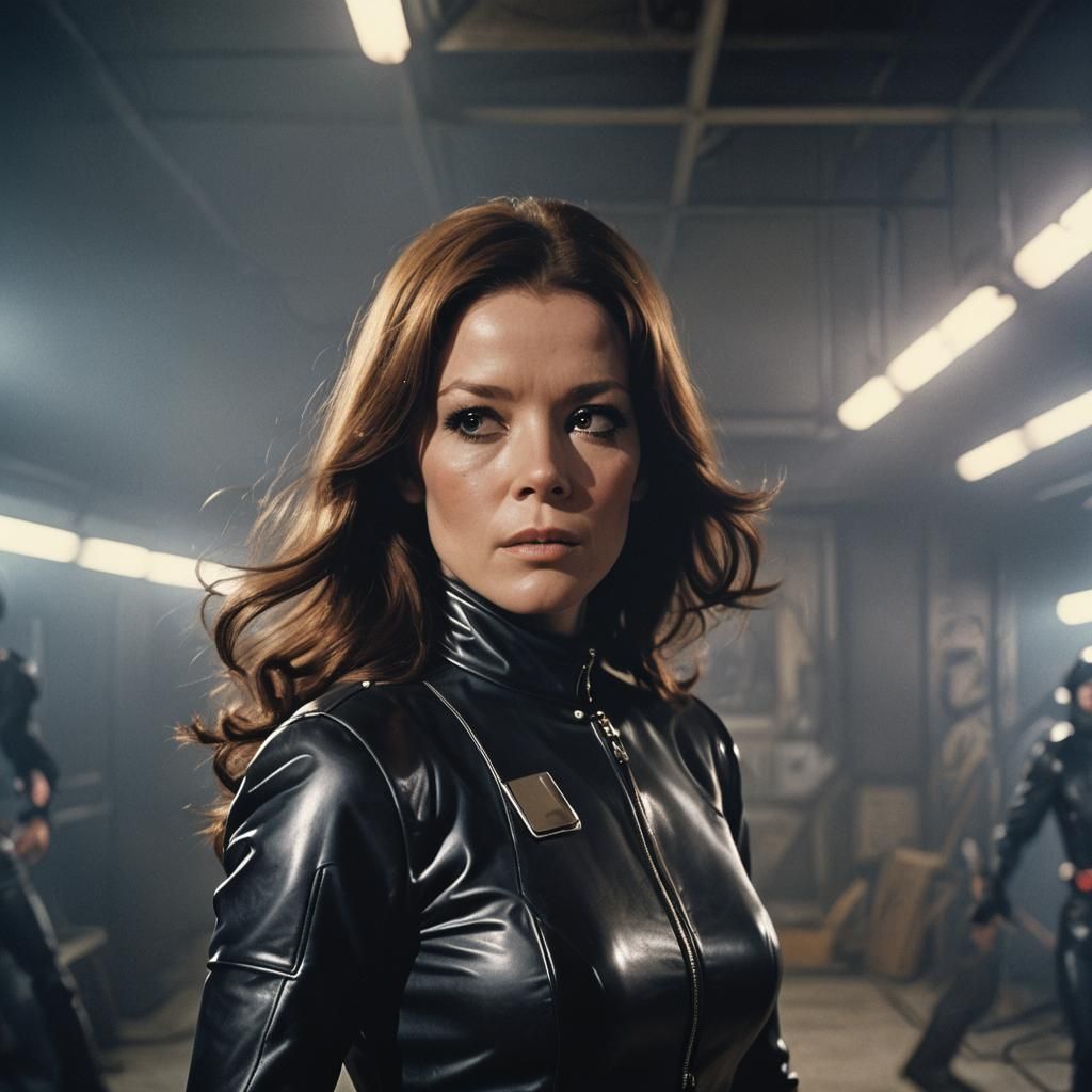 Emma Peel Fighting Cybernaut in Retro Film Still