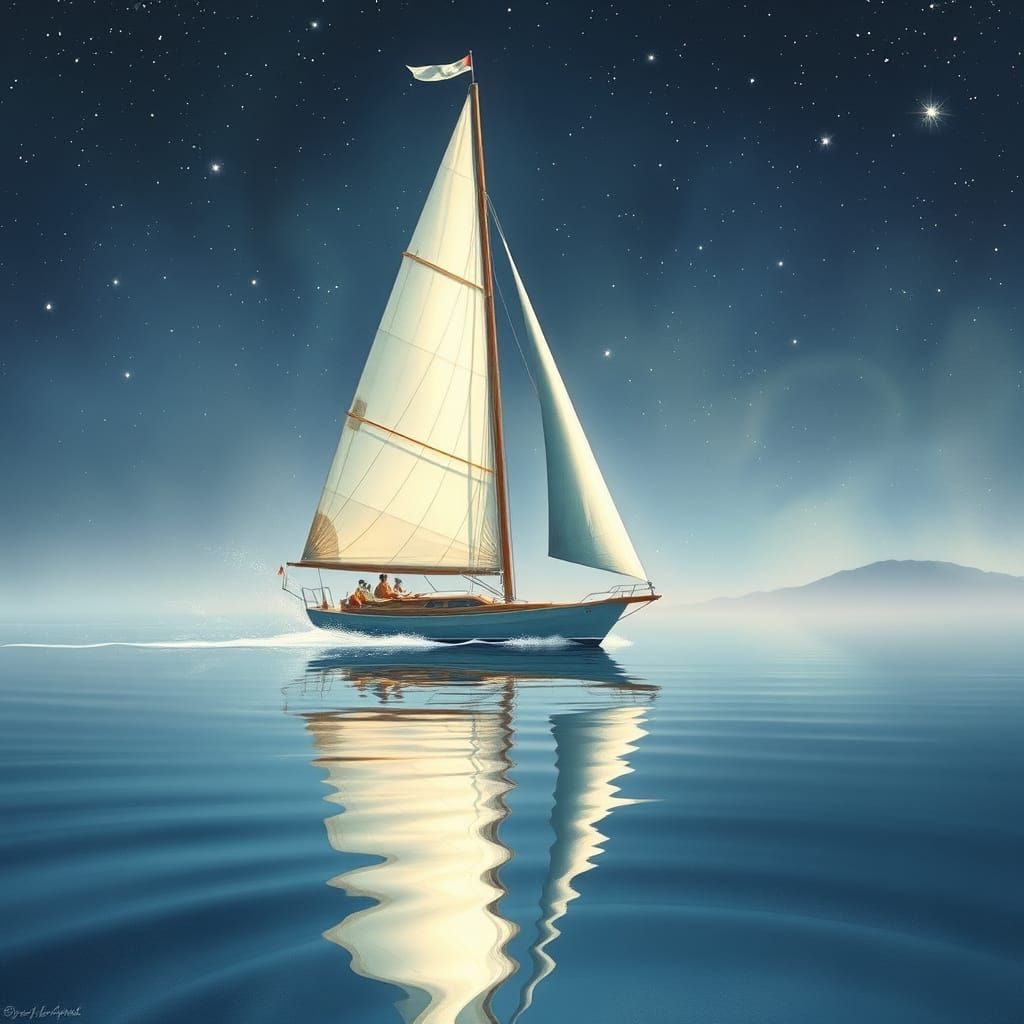 Sailboat Gliding on Starry Sea in Watercolor Style