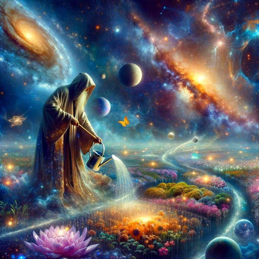Cosmic Gardener Tending Starlight Flora in Space