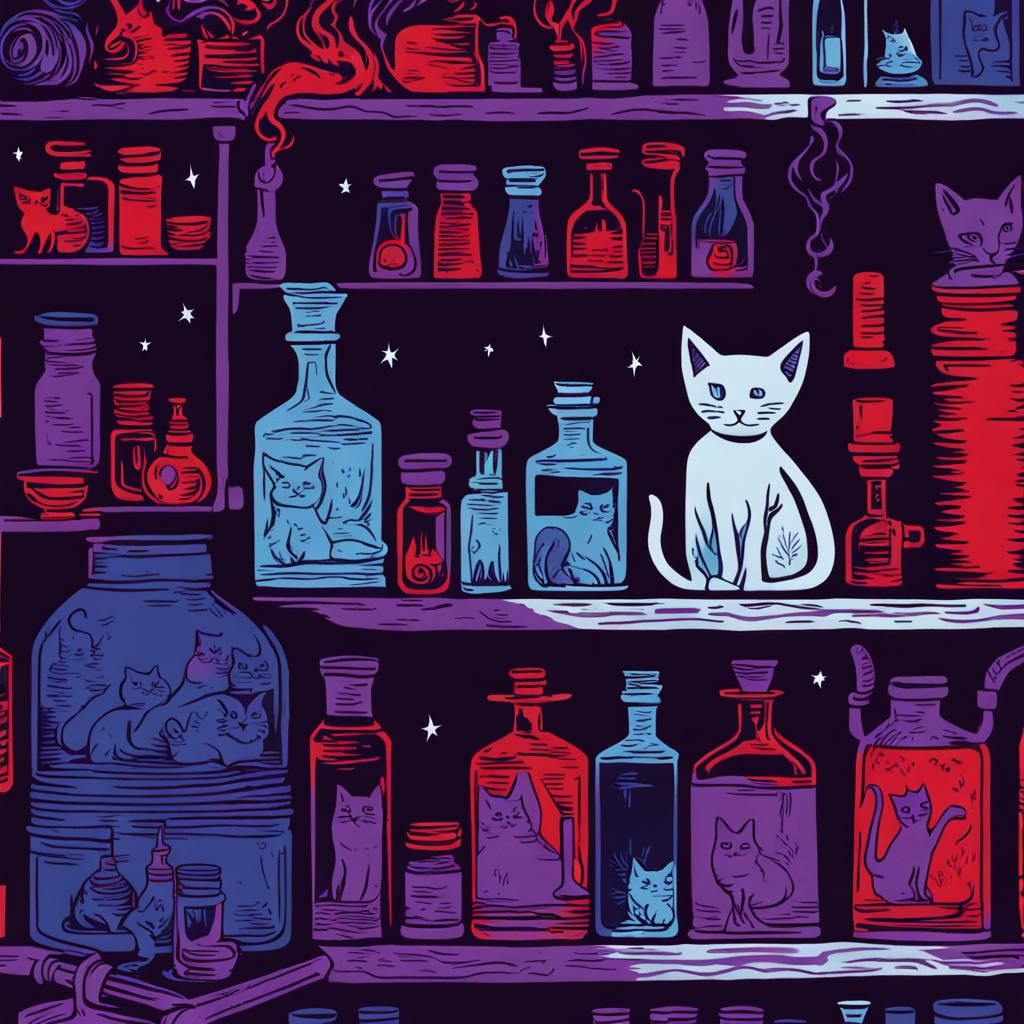 Cozy Creepy Witch's Bedroom with Cats Linocut