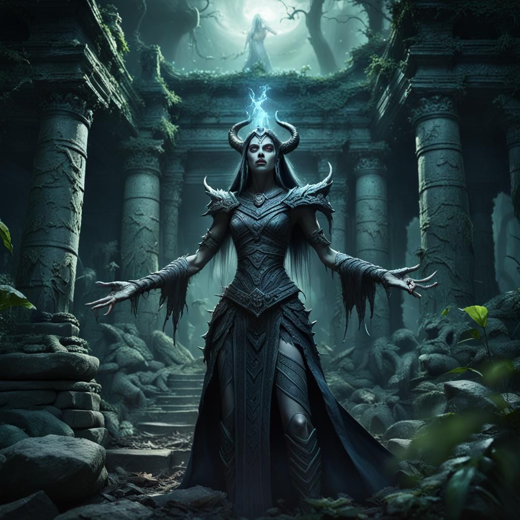 Prompt: fantasy style evil sorceress, in a heroic pose raisi...