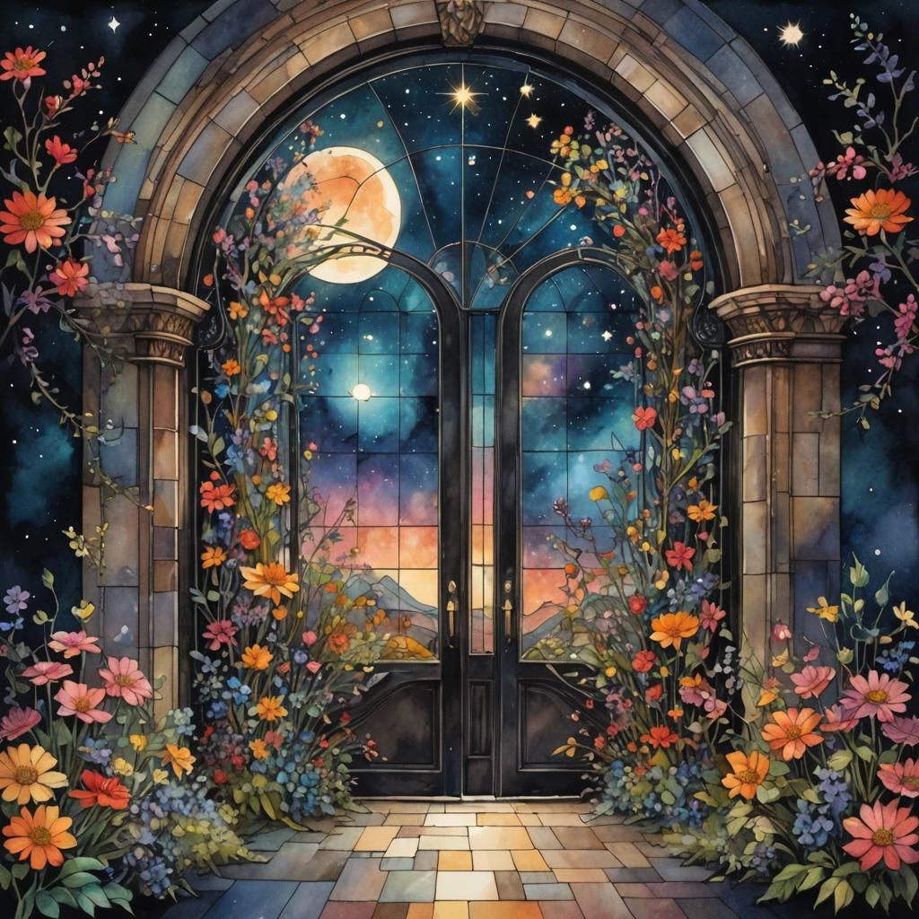 Arched Stained Glass Door to Galaxy in Watercolor