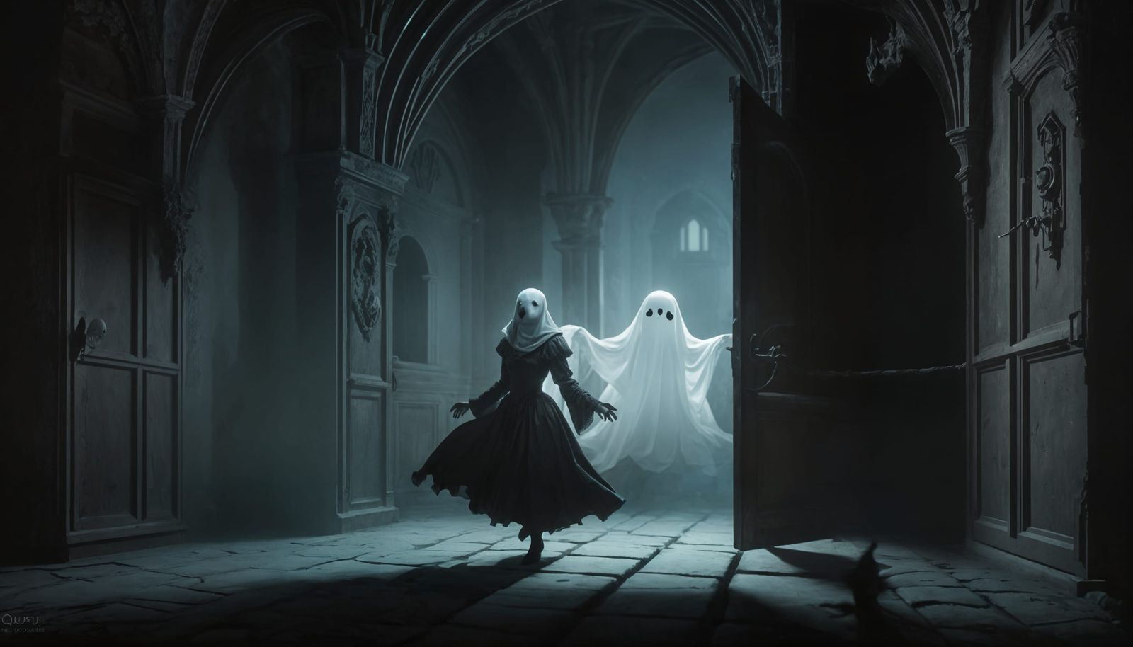Surreal Ghost Fleeing Sinister Castle Door