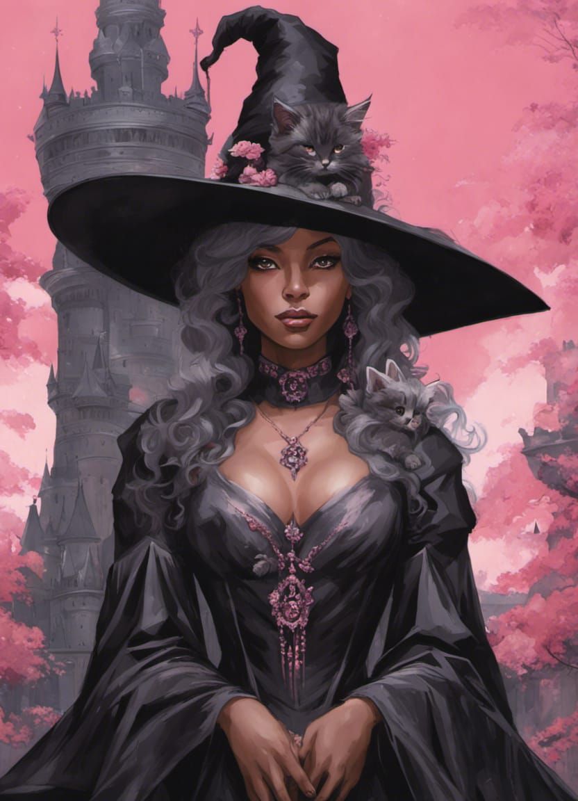 Enchanting Witch with Kittens and Futuristic Castle