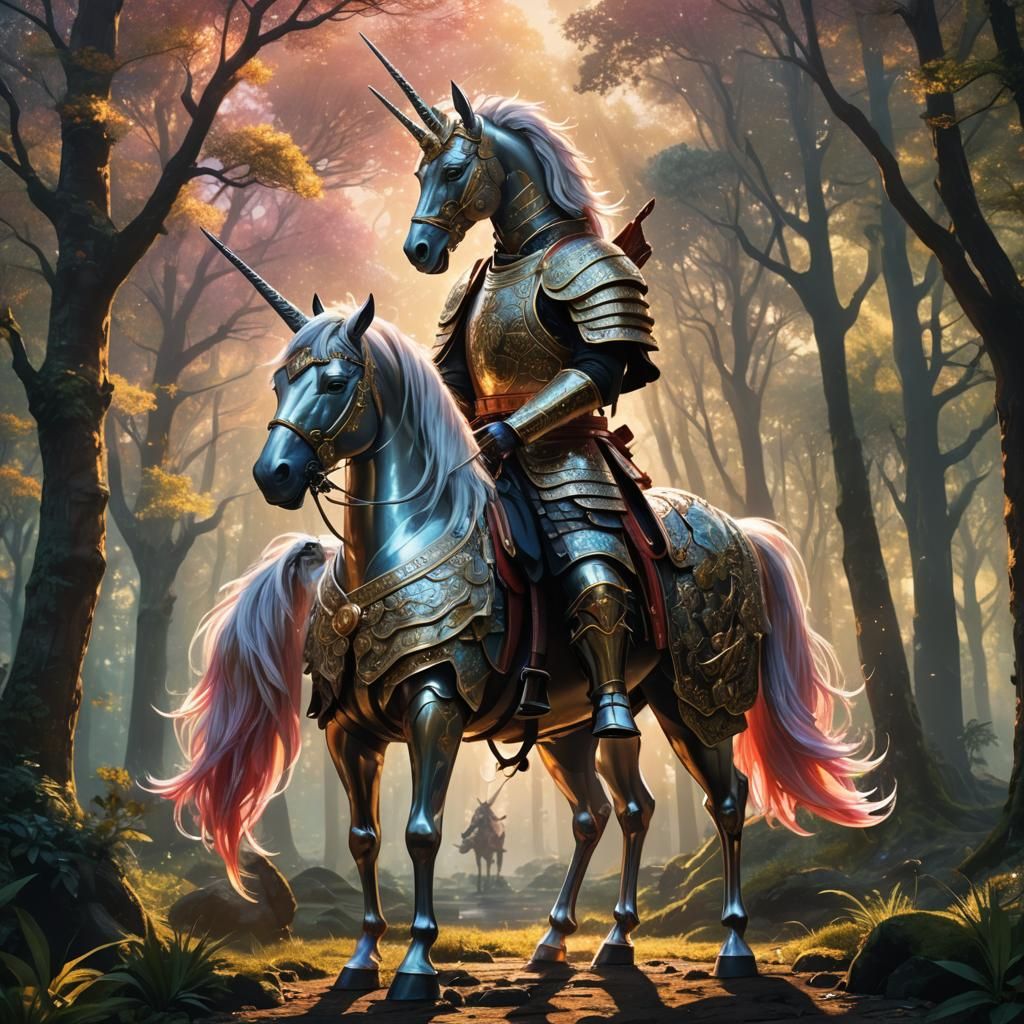 Samurai and Unicorn in Mystical Forest Concept Art