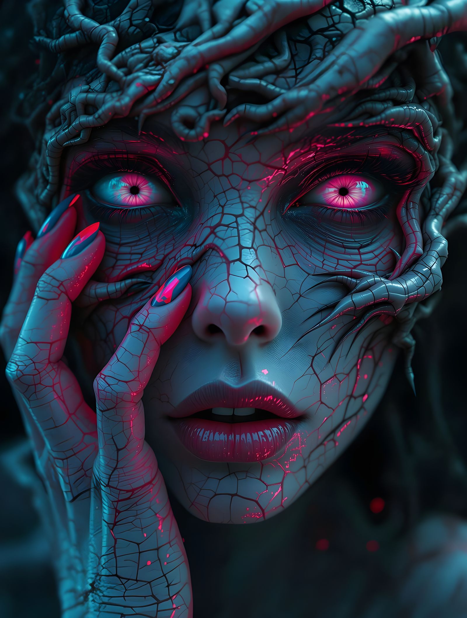 Surreal, Dark Portrait of a Woman with Distorted Features in...