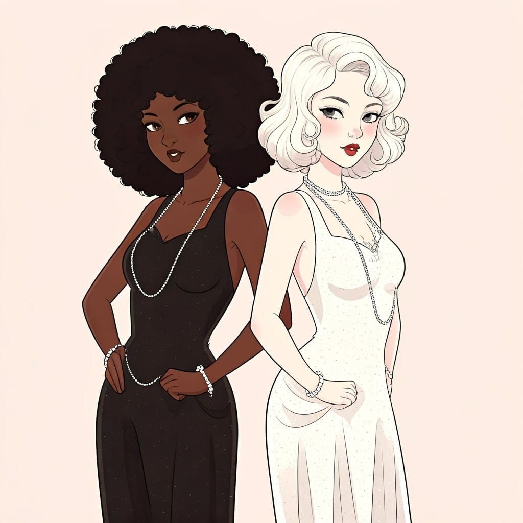 Vintage Flapper Women in Black and White Cartoon Style