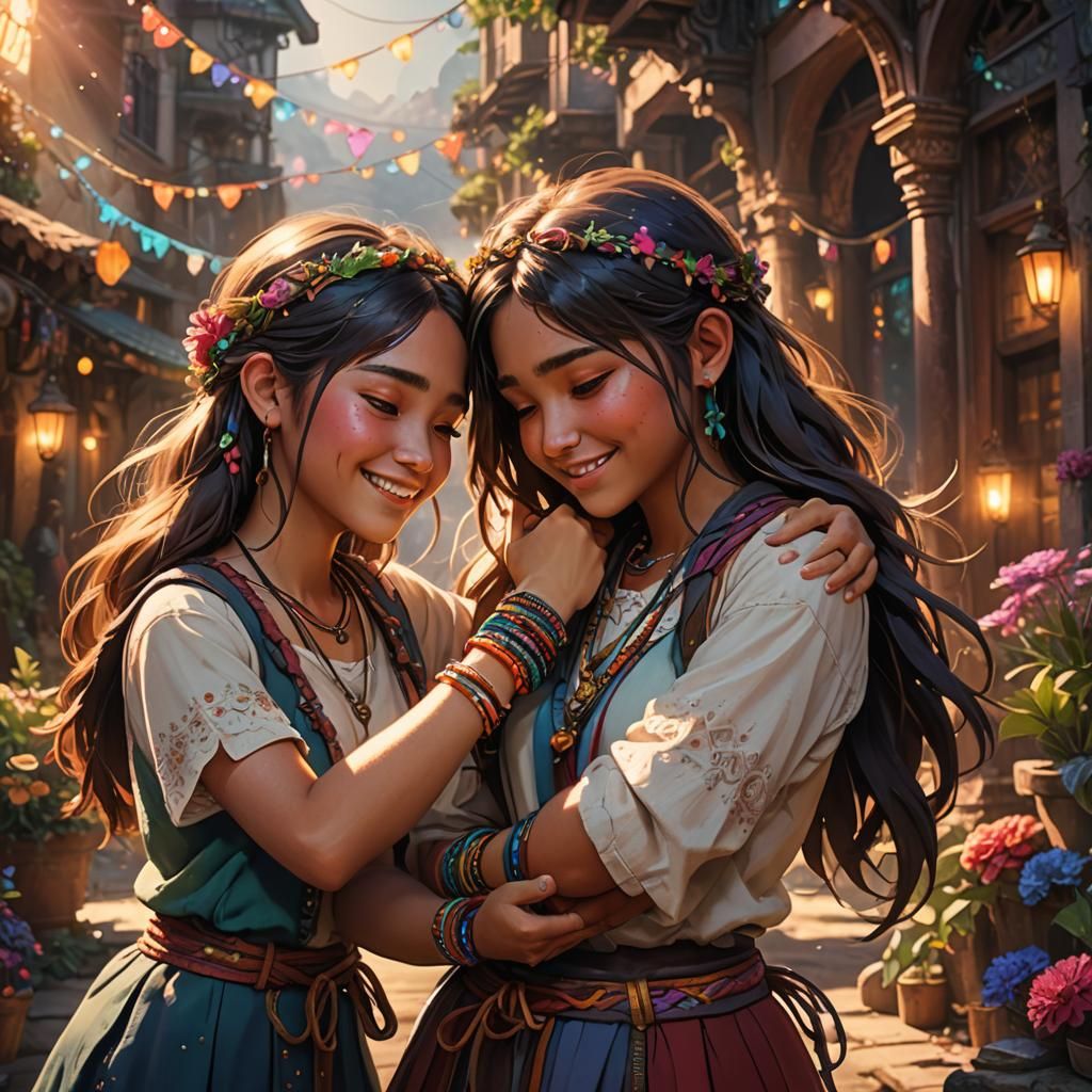 Girls' Emotional Embrace in Detailed Matte Painting