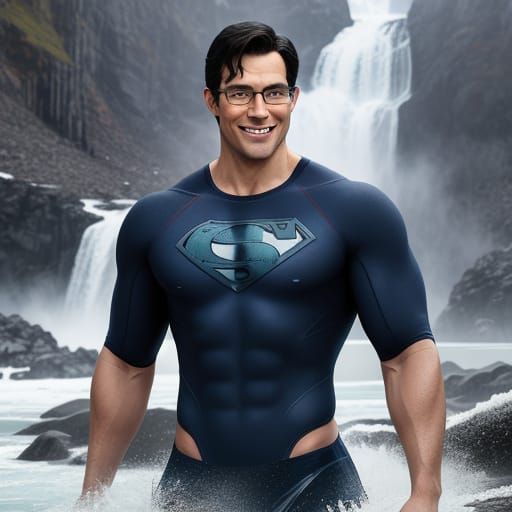 Cute beefcake Clark Kent with glasses, wearing a bathing sui...