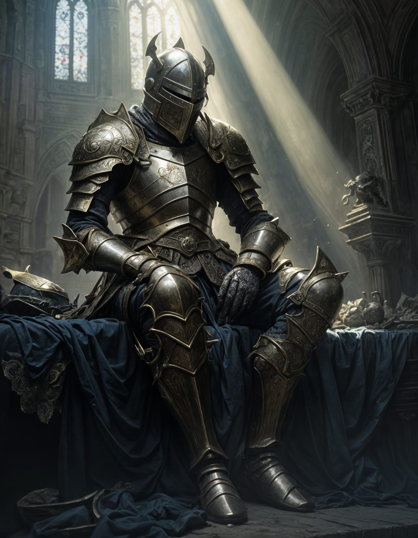 Resting Knight in Sunbeams: Fantasy Artwork