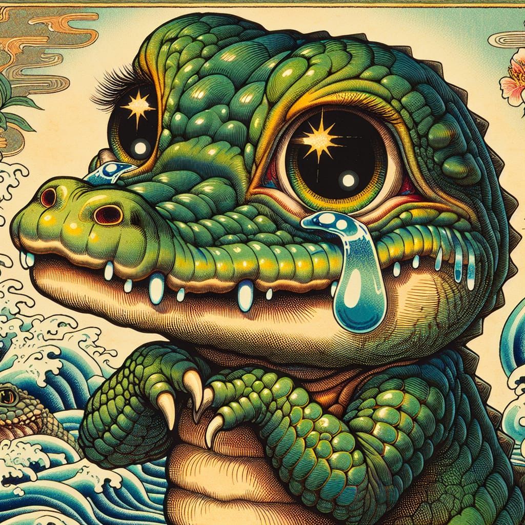 Melancholy Crocodile Tears: Japanese Woodblock Print Style