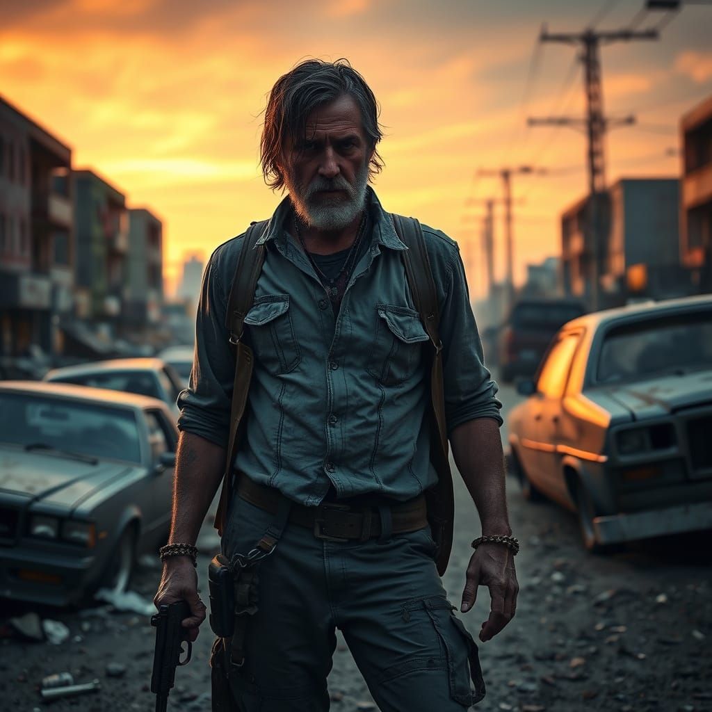 Rick Grimes in Post-Apocalyptic Sunset: Gritty Realism