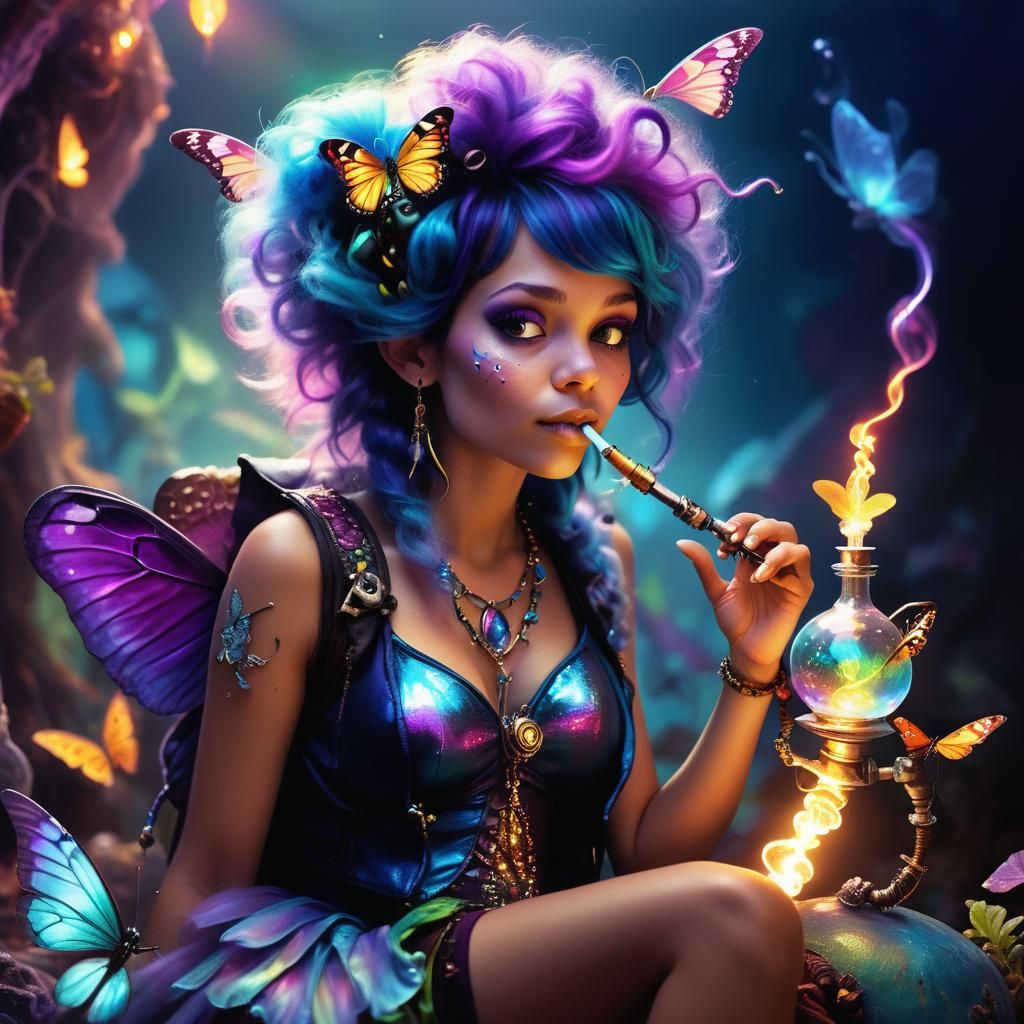 Whimsical Pixie Portrait with Bioluminescent Butterfly