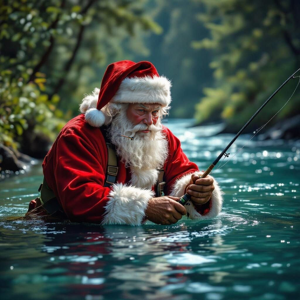 Santa Claus Fishing in a Moody River Scene