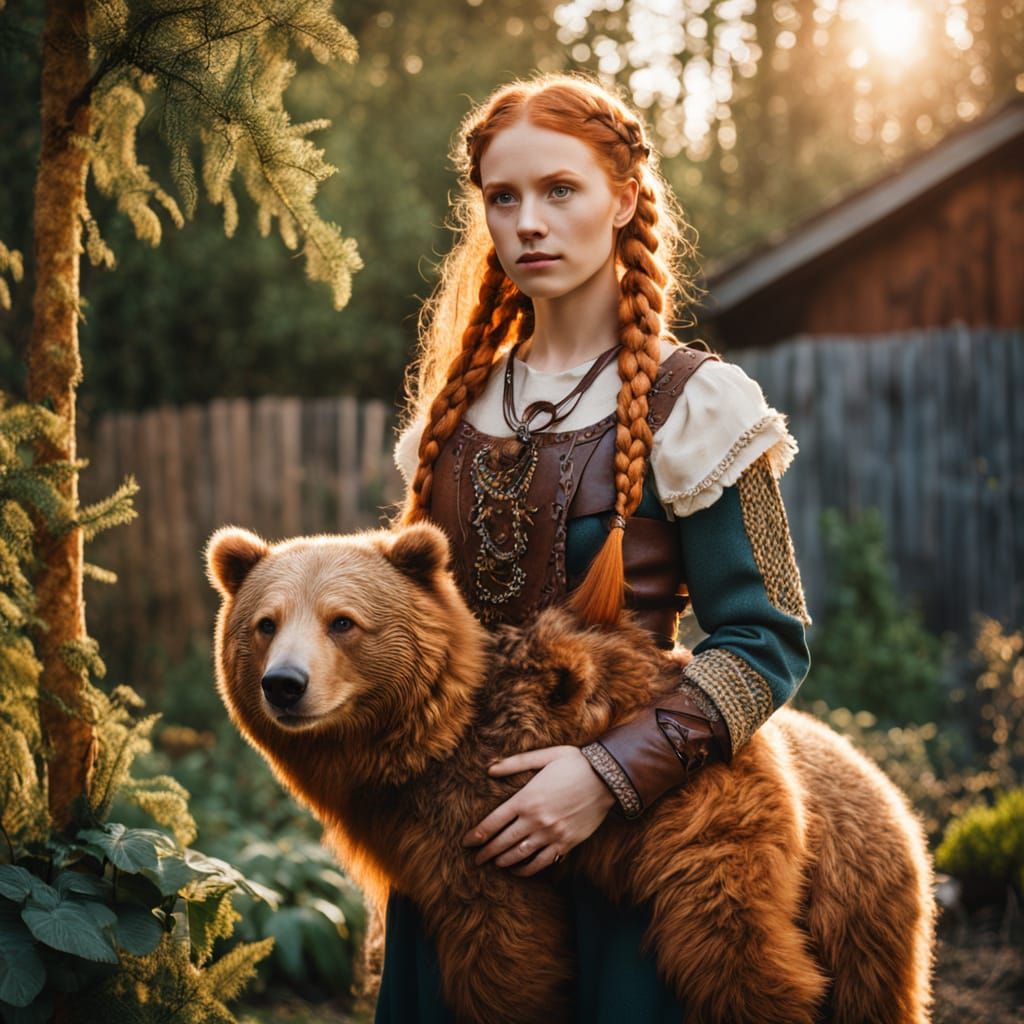 Viking Woman with Bear in Nordic Garden