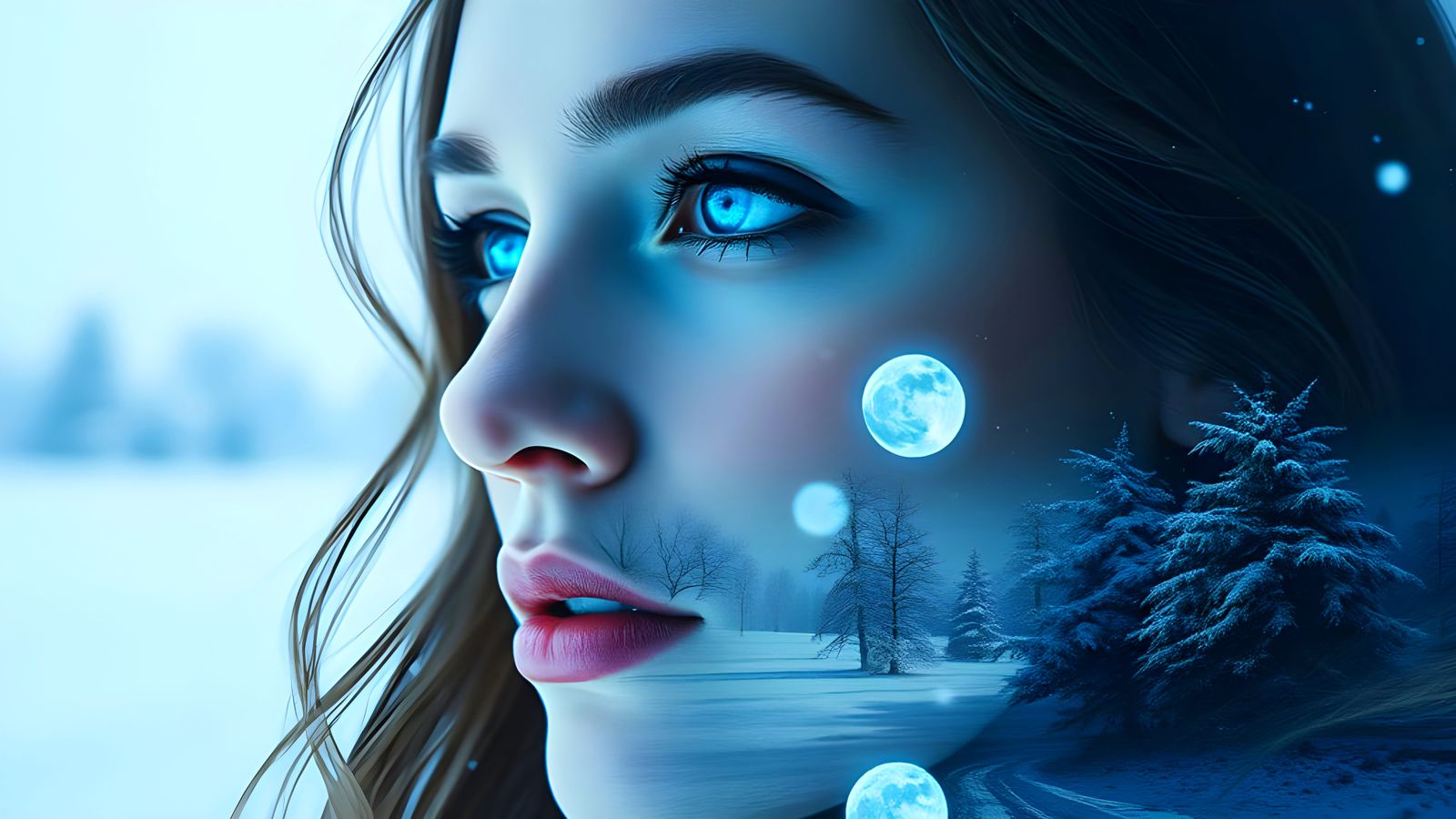 Surreal Winter Goddess with Glowing Blue Eyes