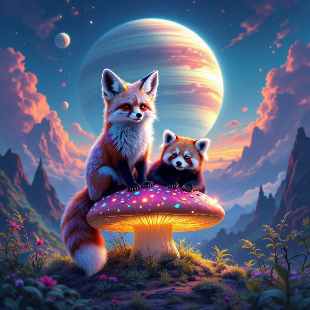 Fennec Fox & Red Panda Hybrid on Glowing Mushroom