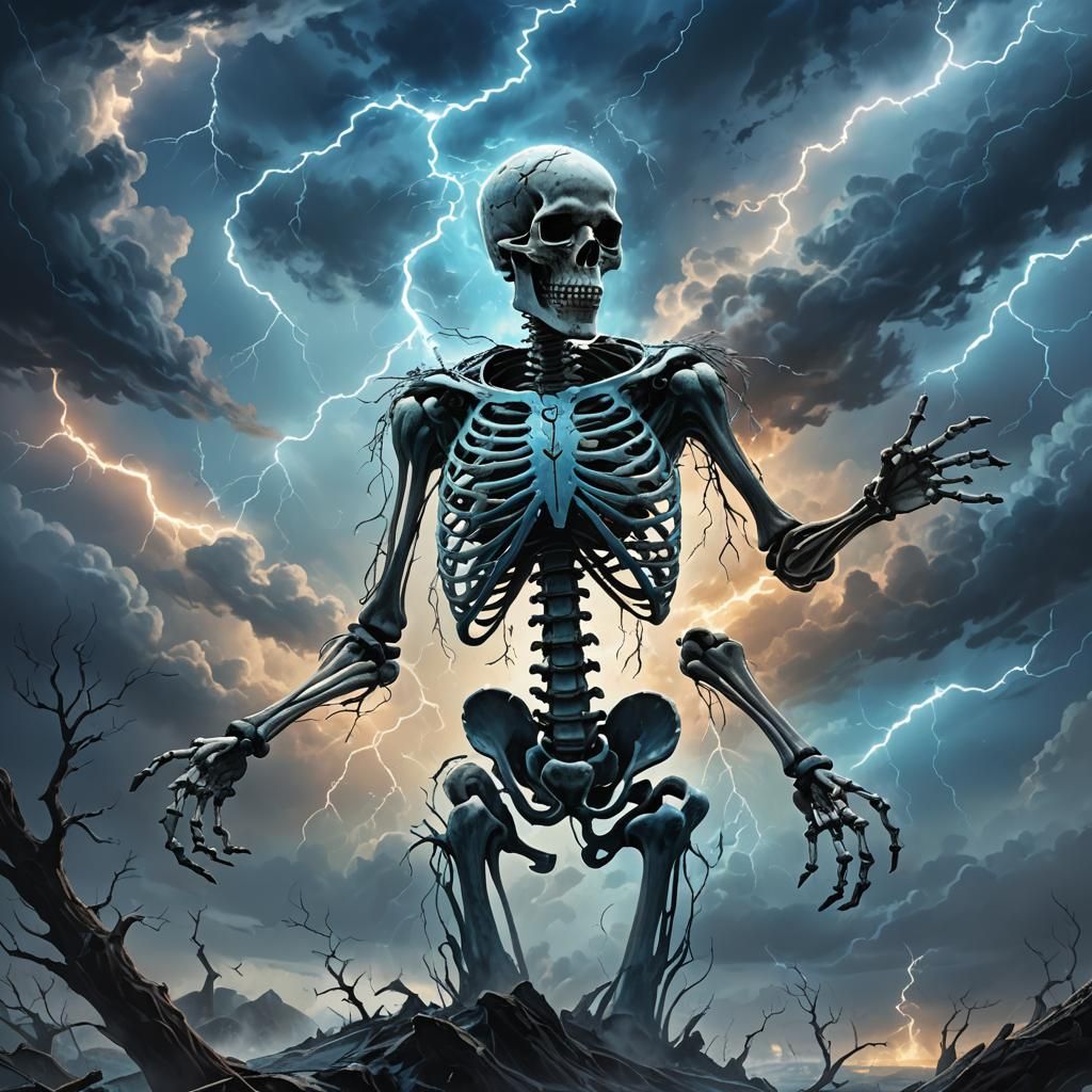 Skeleton Hero Casting Spell Under Stormy Sky