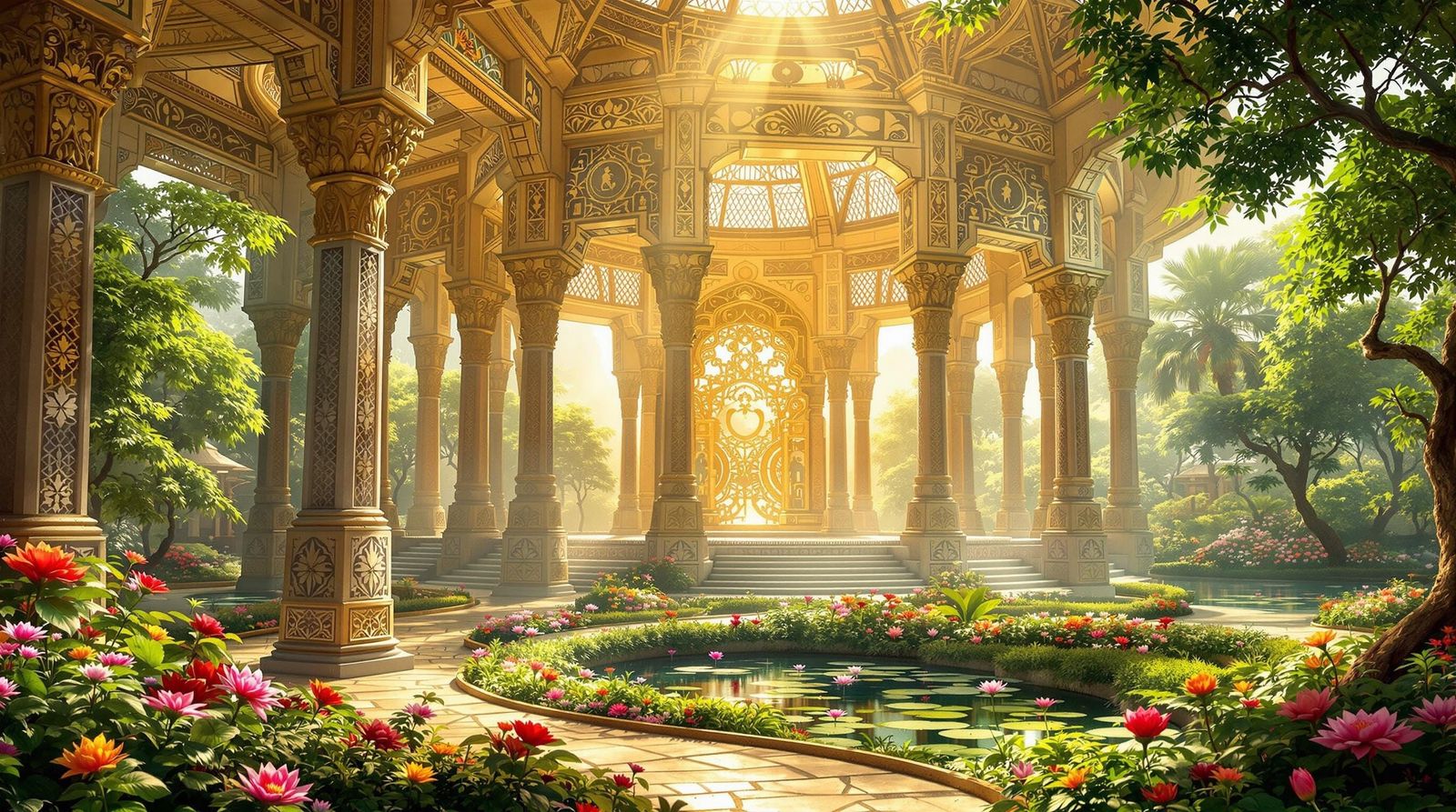 Ethereal Bengali Temple Sanctuary in Vibrant Floral Landscap...