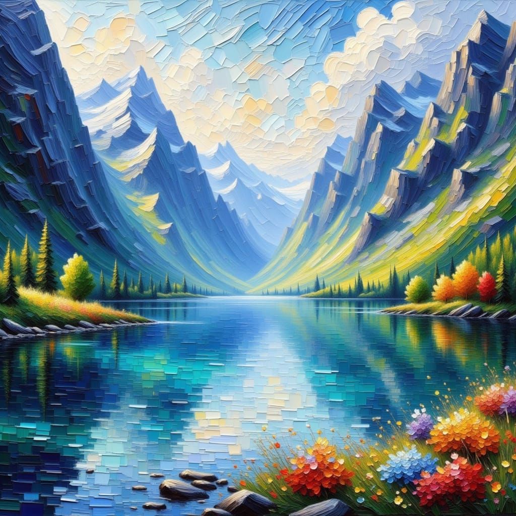 Impasto Oil Painting Of Tranquil Fjord With Steep Cliffs