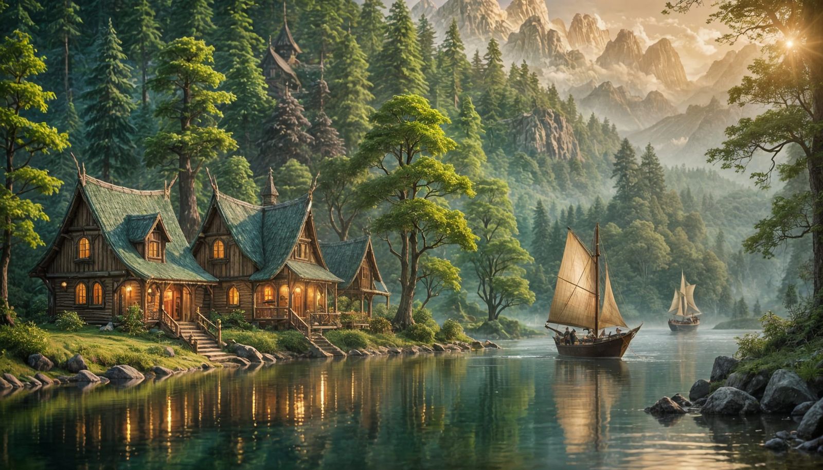 Elven Sailing Ship on Forest River