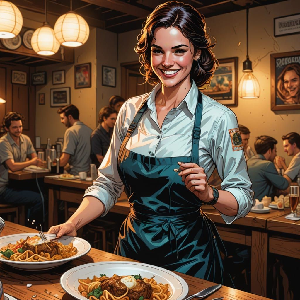 Waitress in a Bustling Restaurant Scene