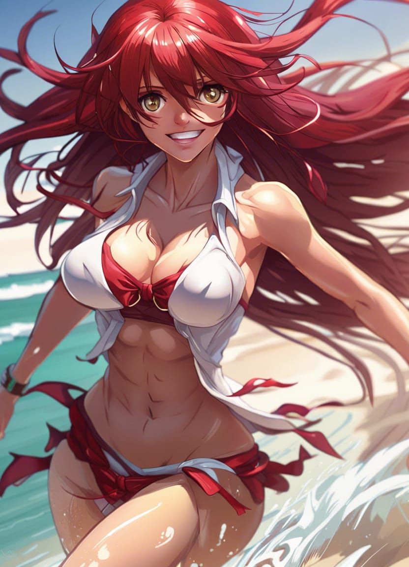 Rias Gremory Runs on Beach: Hyperdetailed Portrait