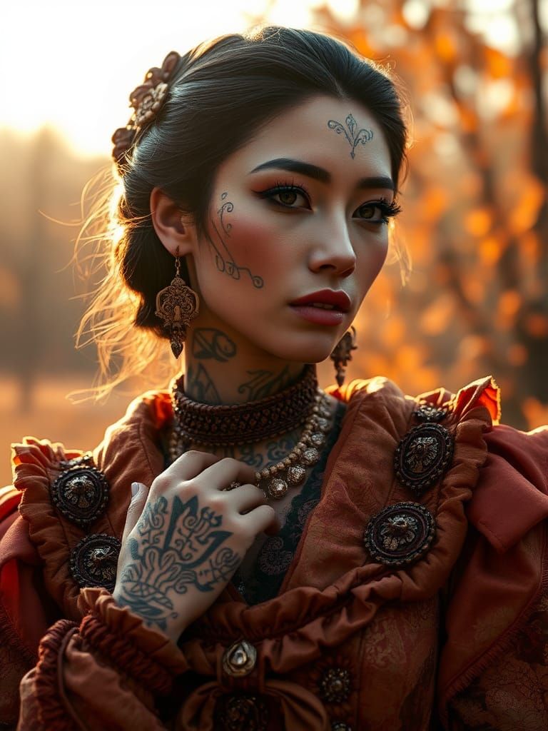 Inuit Woman with Tribal Tattoos, Haute Couture Fashion