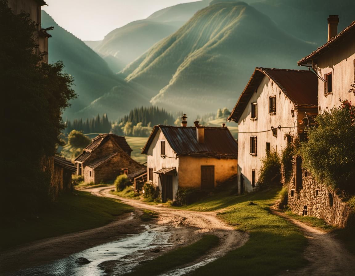 Italian Alps Village View in Tonalism Style
