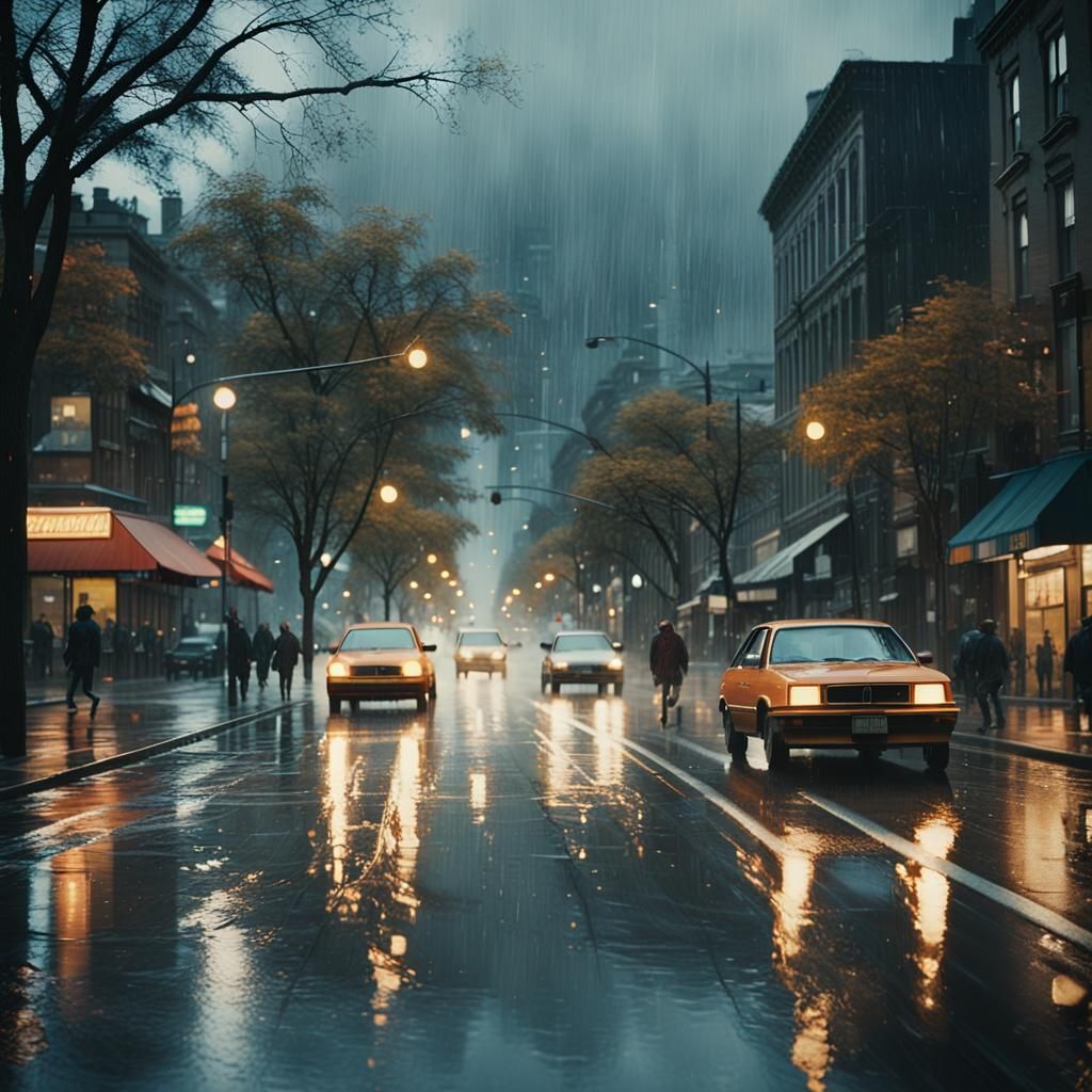 Rainy City Street Scene in Cinematic Style