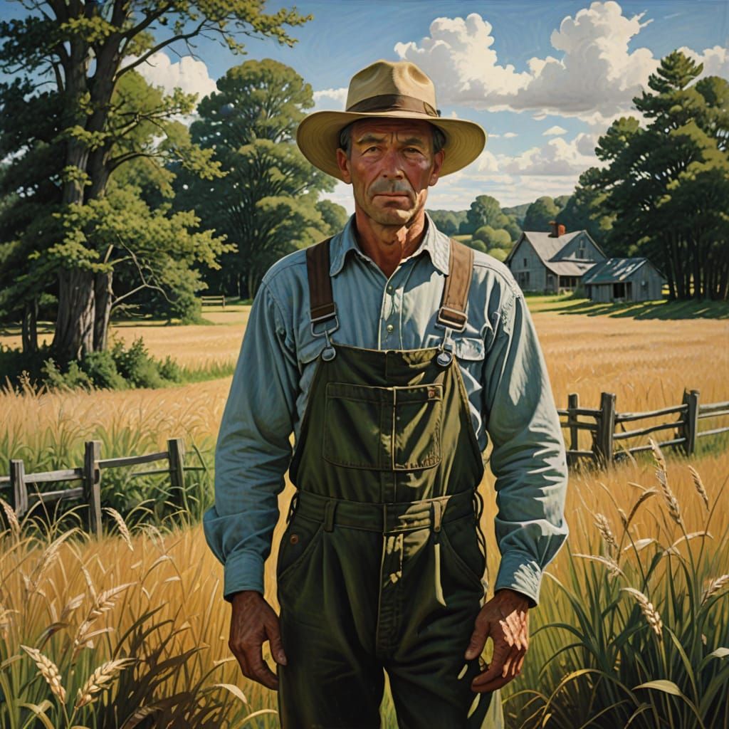Rustic Farmer Amidst Golden Wheat Fields in Impressionist St...