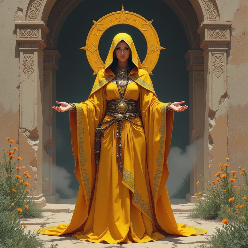 Regal Priestess in Yellow Robe with Earthy Tones