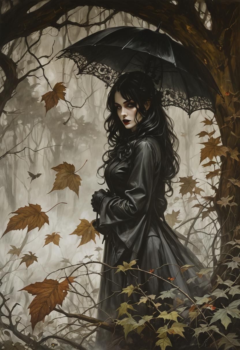 Noir Goth Femme Fatale in Dark Forest Painting