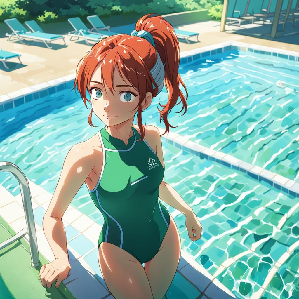 Woman Sunbathing in Anime Style at Pool