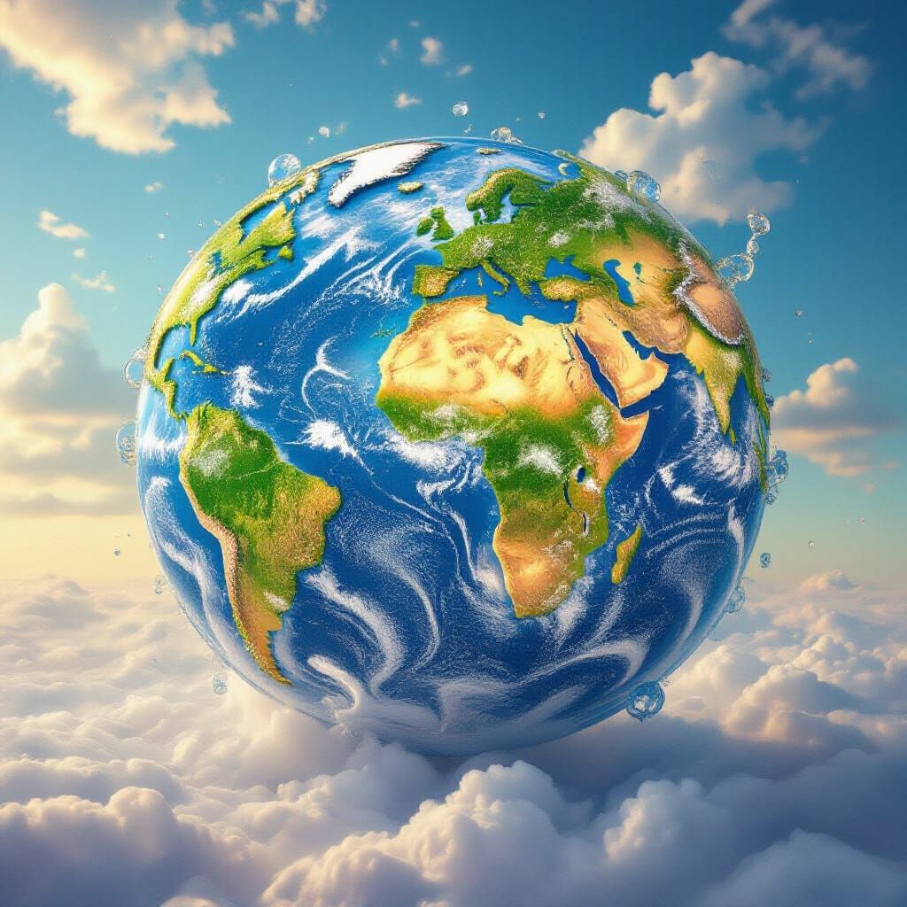 Liquid Earth Globe with Molten Gold Continents and Milk Clou...