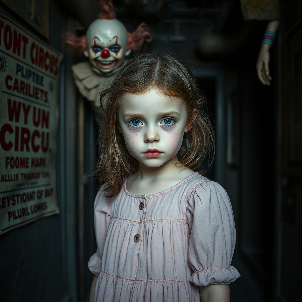 Sinister Clown Doll and Pale Girl in Surrealist Style