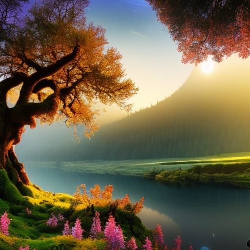 Magical River Valley with Ancient Tree