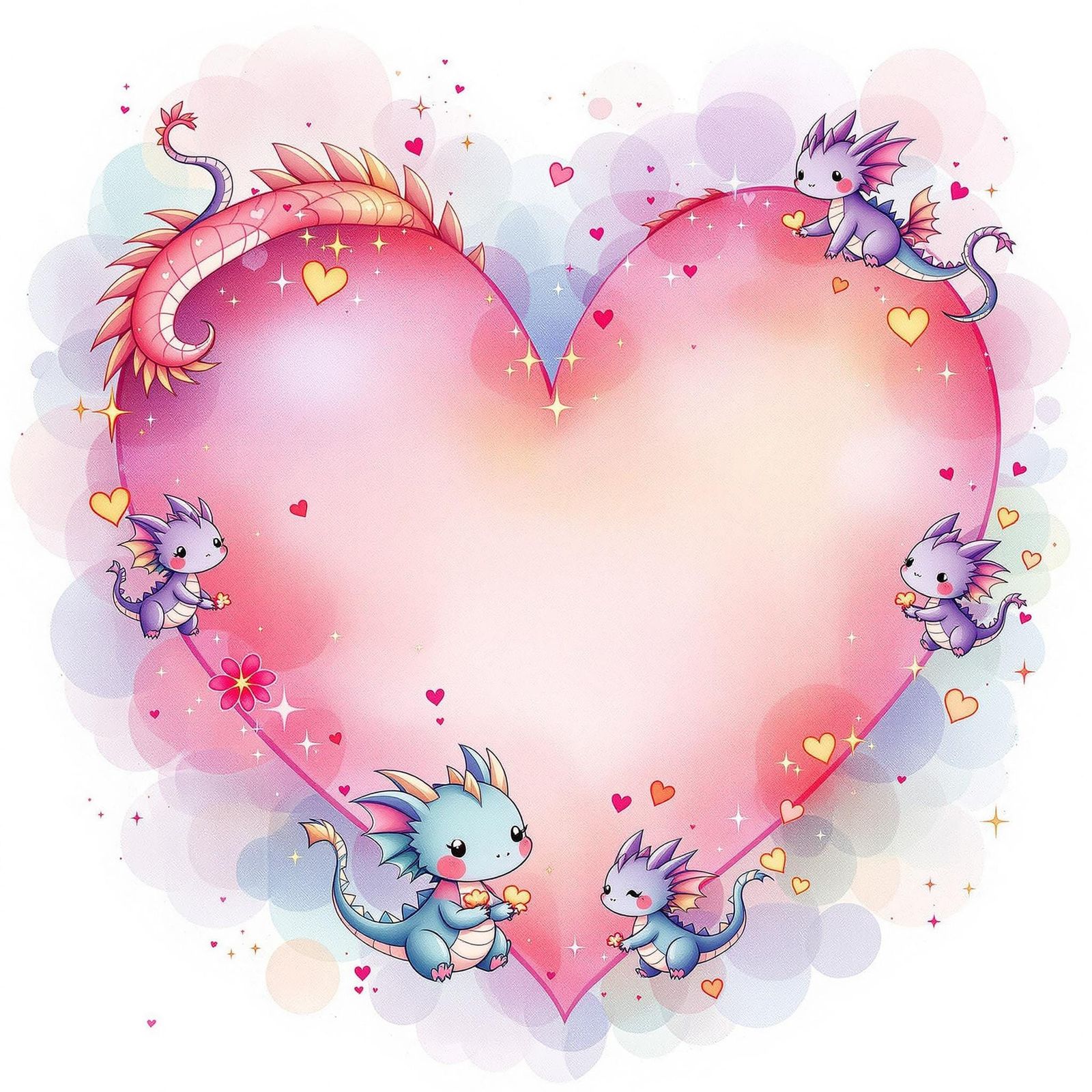 Whimsical Chibi Dragon Heart Greeting Card in Pastel Colors