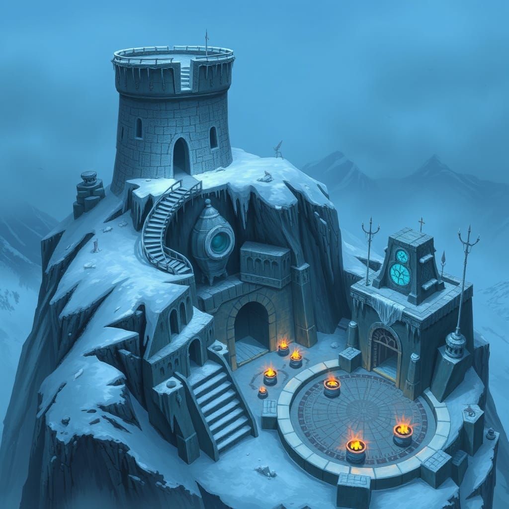 Frostwind Bastion: Ancient Stone Watchtower Carved with Runi...