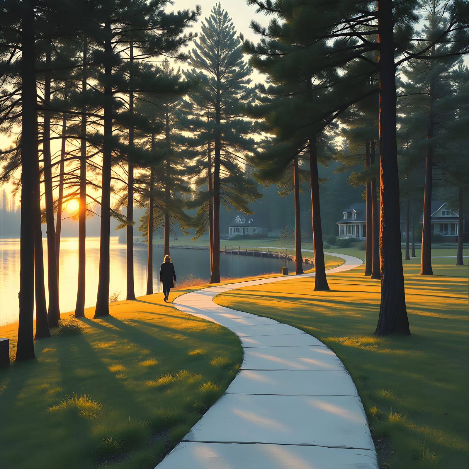 Lakeside Trail at Sunset Through Pine Trees