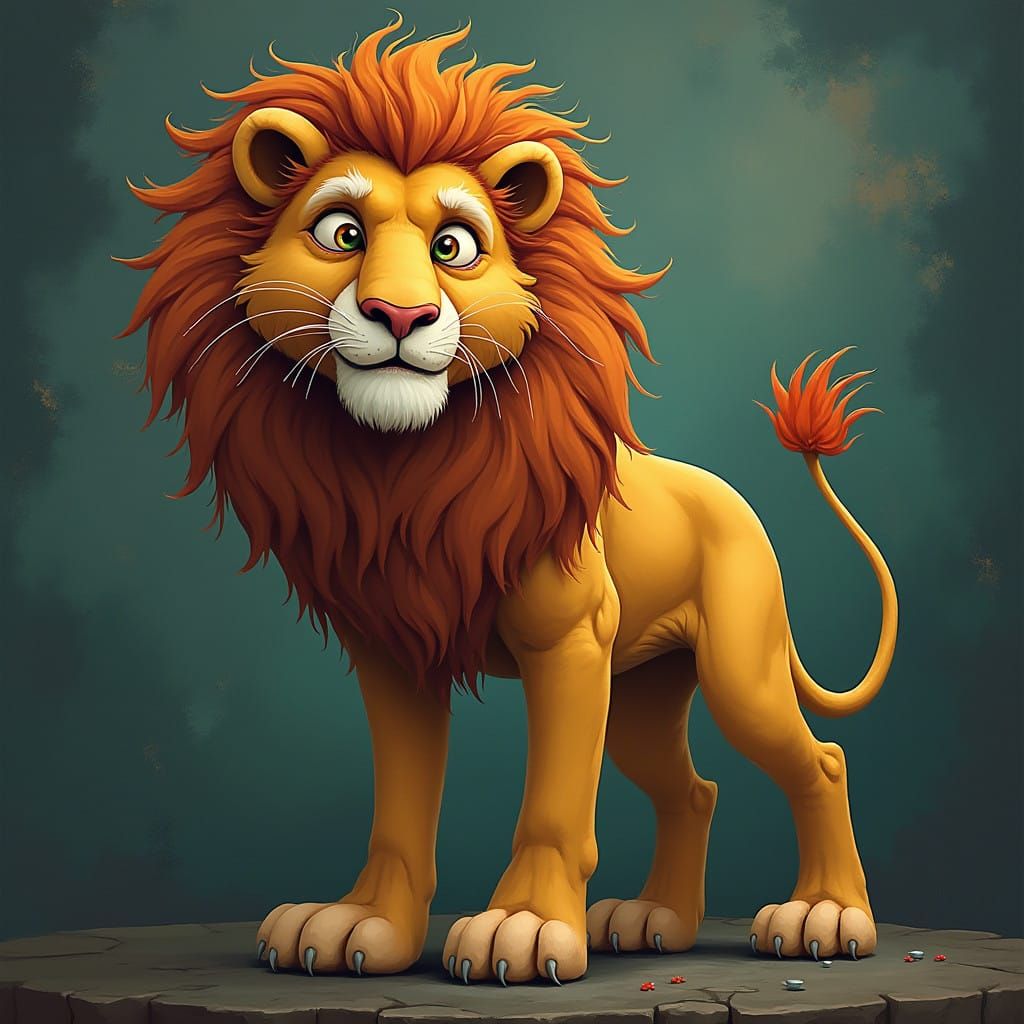 Majestic Whimsy: A Darkly Surreal Lion in Muted Hues